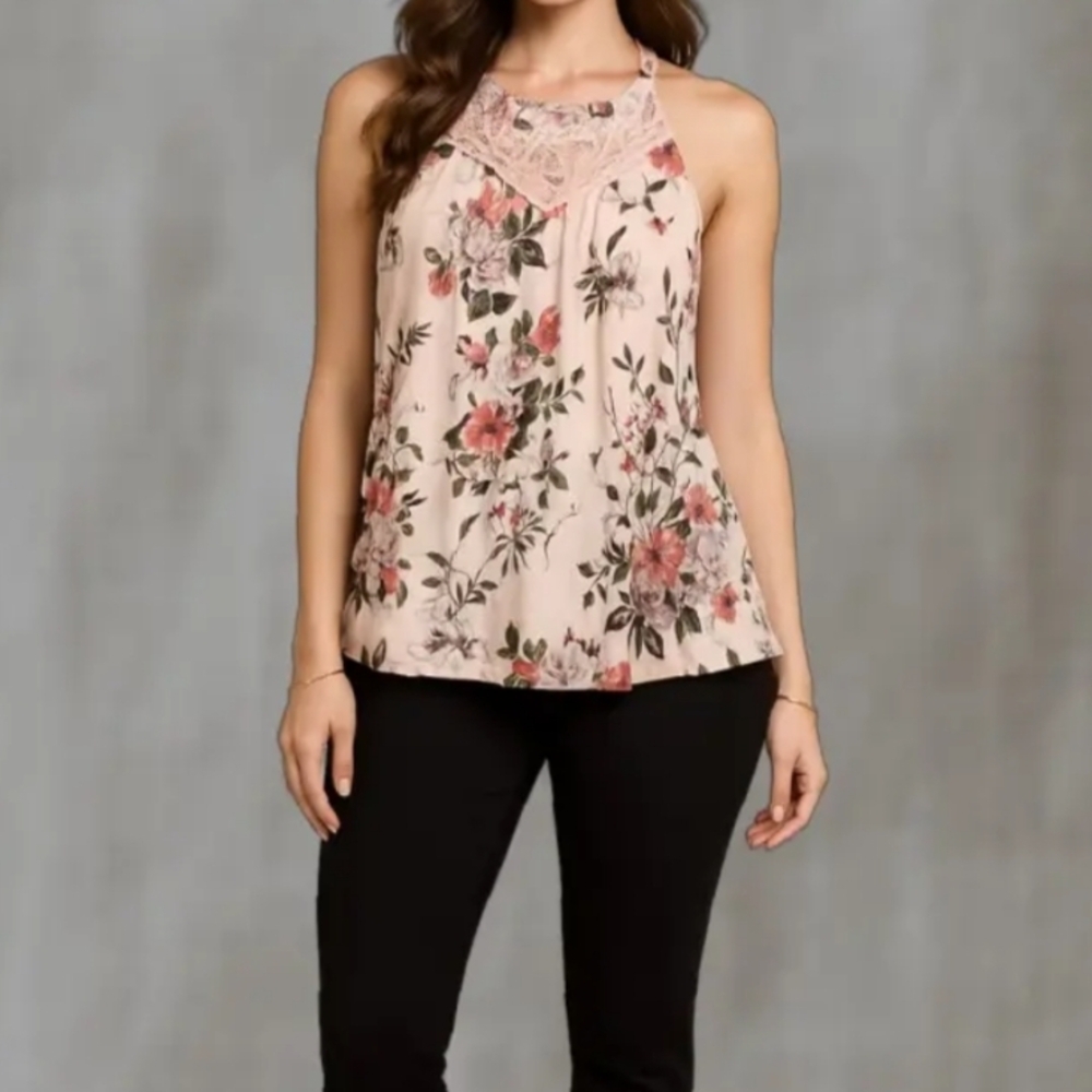 Torrid Floral Halter Blouse - Pink and Cream
